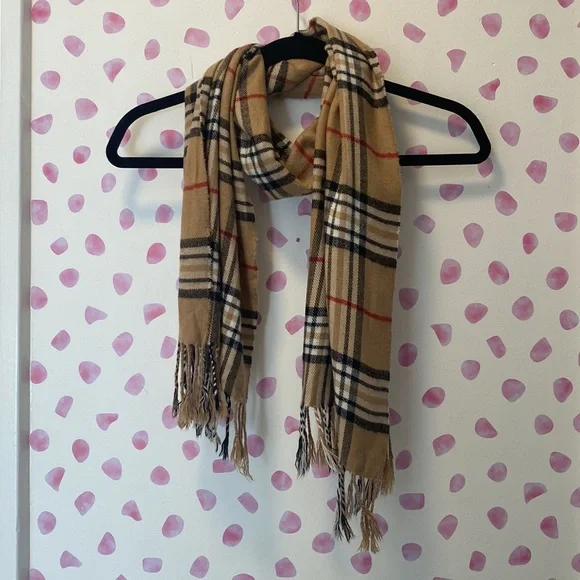 Beautiful Super Soft Tan Red and Black Plaid Scarf - Picture 3 of 4